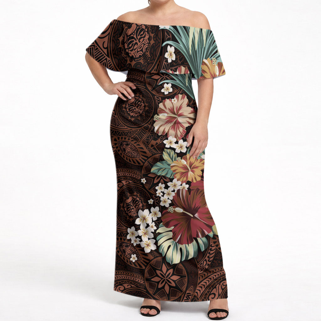 Kanoa Hawai'i Hibiscus Off Shoulder Maxi Dress Polynesian Tribal Tattoo Pattern Floral Elements