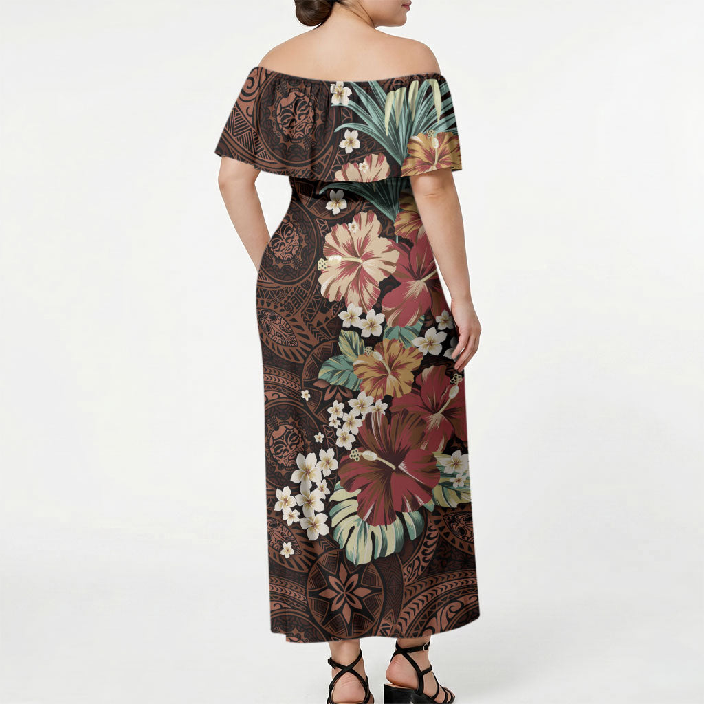 Kanoa Hawai'i Hibiscus Off Shoulder Maxi Dress Polynesian Tribal Tattoo Pattern Floral Elements