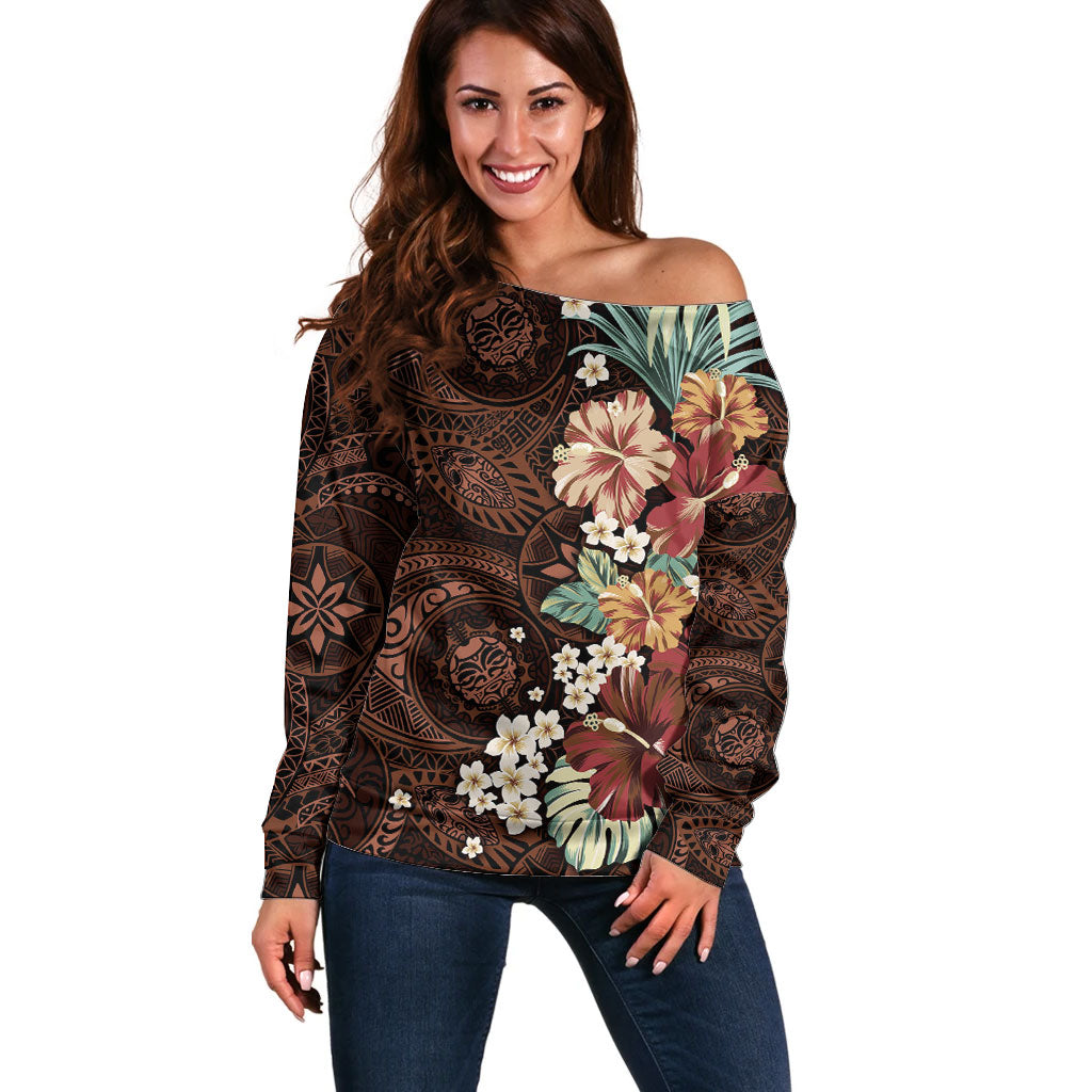 Kanoa Hawai'i Hibiscus Off Shoulder Sweater Polynesian Tribal Tattoo Pattern Floral Elements