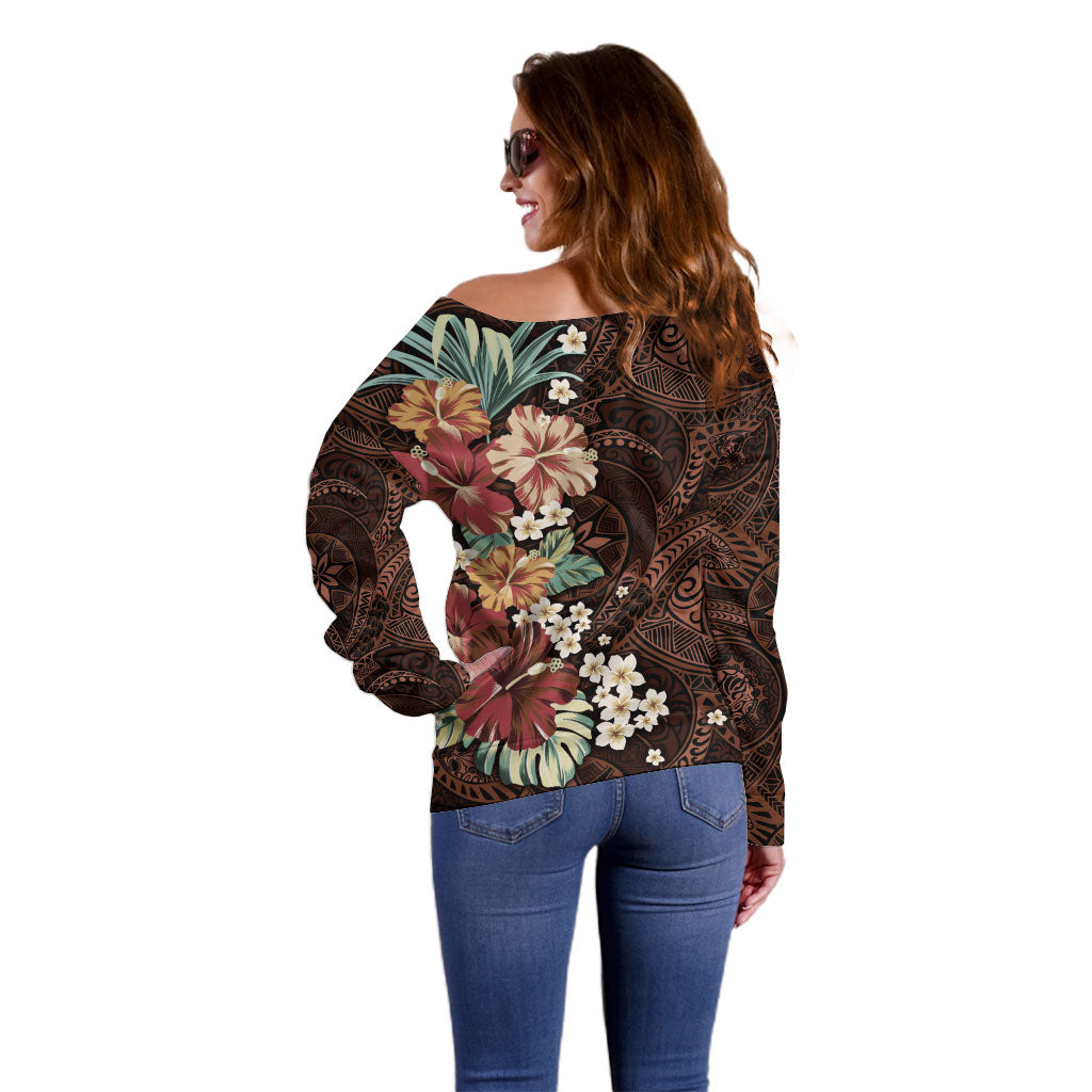 Kanoa Hawai'i Hibiscus Off Shoulder Sweater Polynesian Tribal Tattoo Pattern Floral Elements