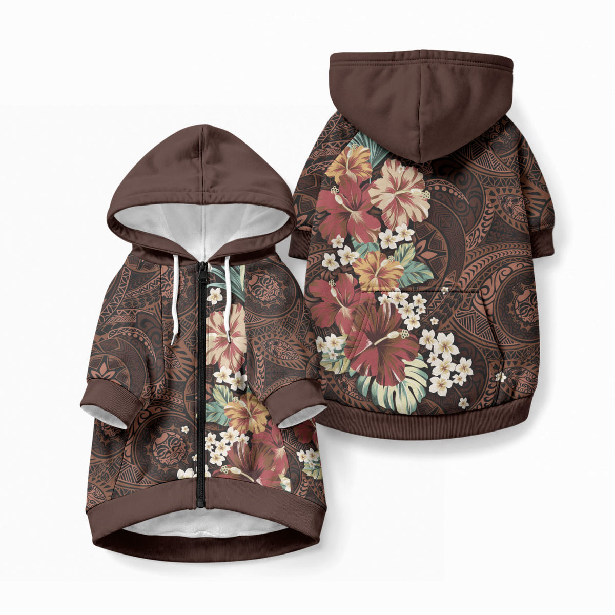 Kanoa Hawai'i Hibiscus Pet Hoodie Polynesian Tribal Tattoo Pattern Floral Elements LT9 Zip-up Brown - Polynesian Pride