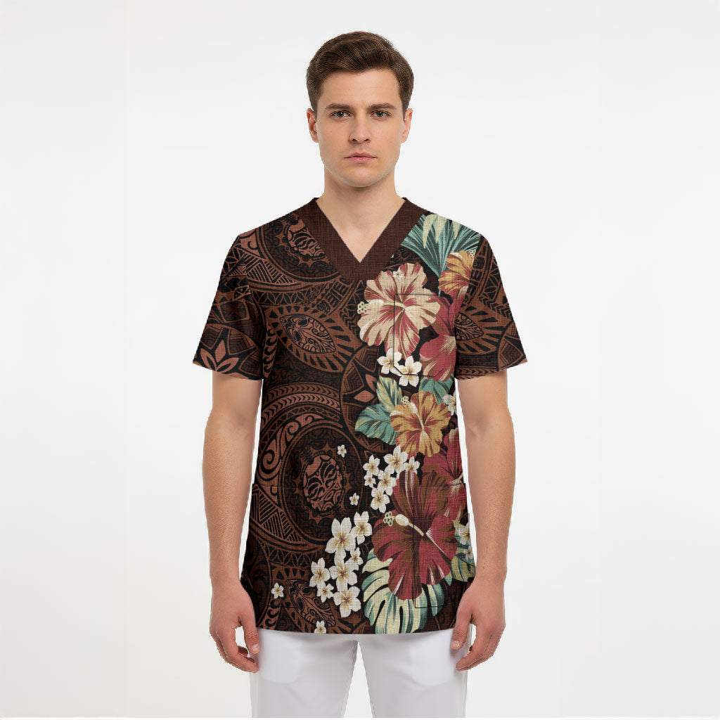 Kanoa Hawai'i Hibiscus Scrub Top Polynesian Tribal Tattoo Pattern Floral Elements