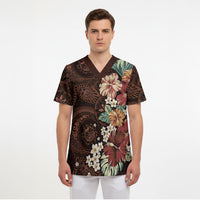 Kanoa Hawai'i Hibiscus Scrub Top Polynesian Tribal Tattoo Pattern Floral Elements