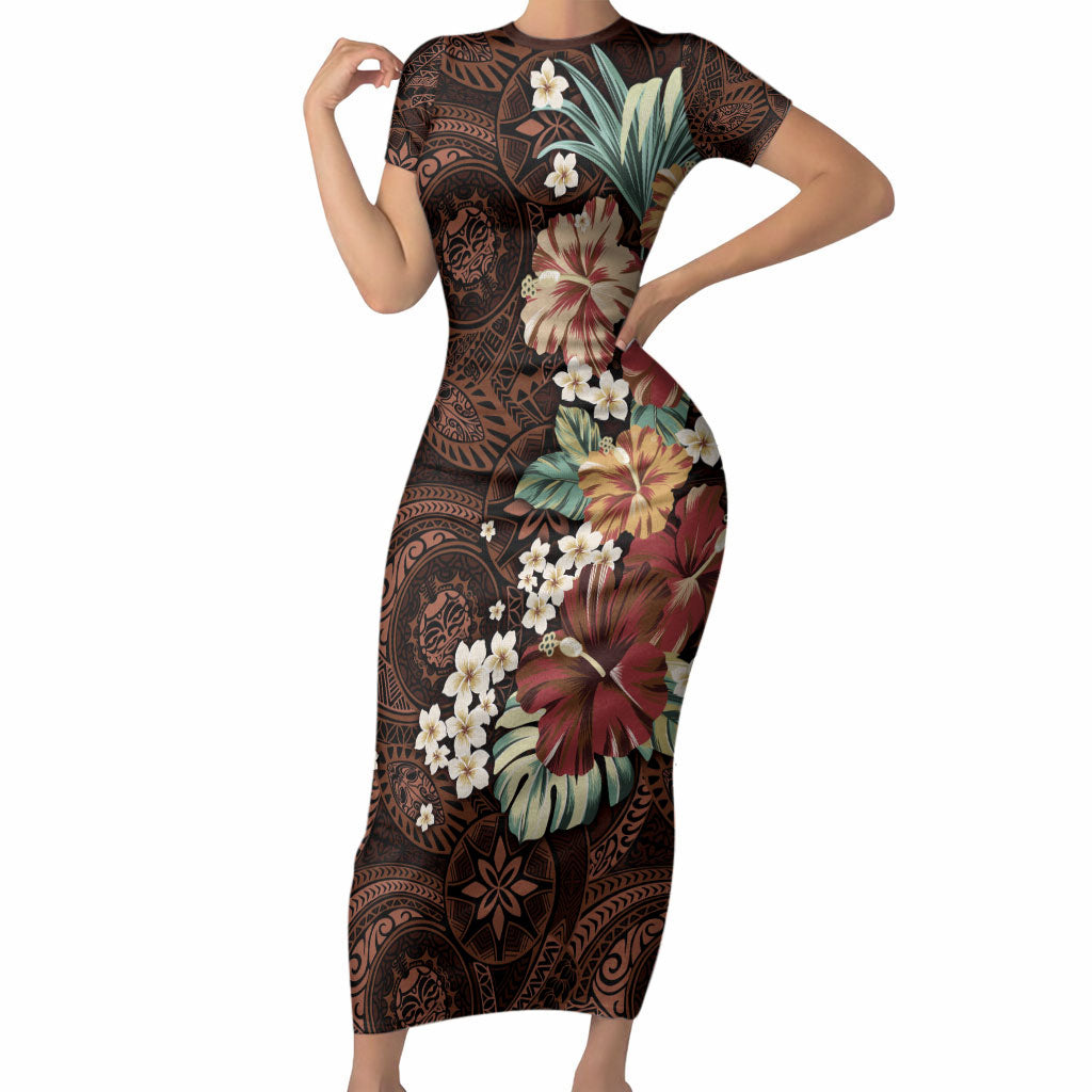 Kanoa Hawai'i Hibiscus Short Sleeve Bodycon Dress Polynesian Tribal Tattoo Pattern Floral Elements