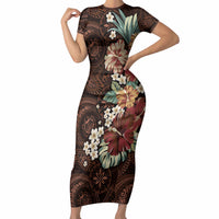 Kanoa Hawai'i Hibiscus Short Sleeve Bodycon Dress Polynesian Tribal Tattoo Pattern Floral Elements