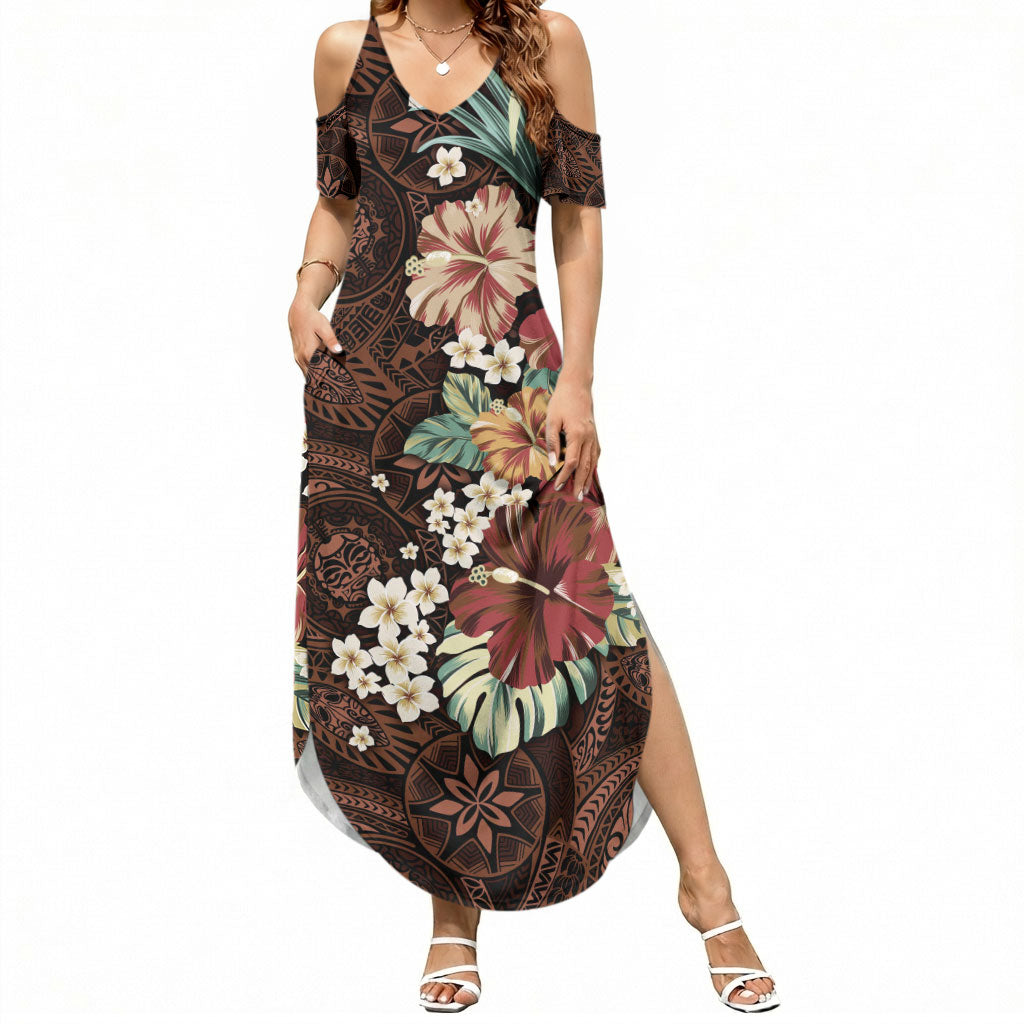 Kanoa Hawai'i Hibiscus Summer Maxi Dress Polynesian Tribal Tattoo Pattern Floral Elements