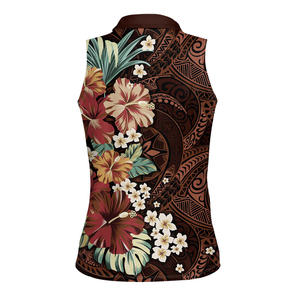 Kanoa Hawai'i Hibiscus Women Sleeveless Polo Shirt Polynesian Tribal Tattoo Pattern Floral Elements