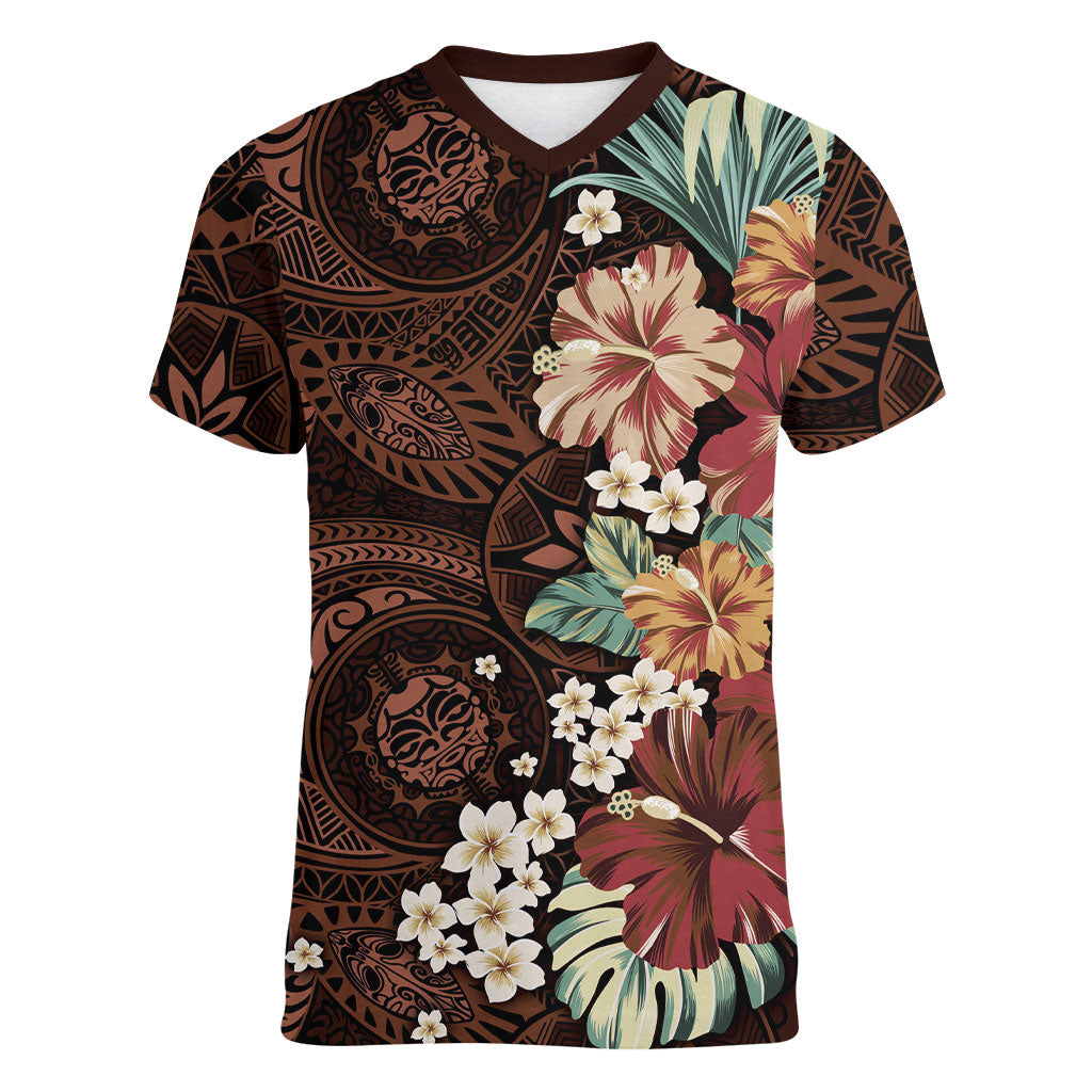 Kanoa Hawai'i Hibiscus Women V-Neck T-Shirt Polynesian Tribal Tattoo Pattern Floral Elements