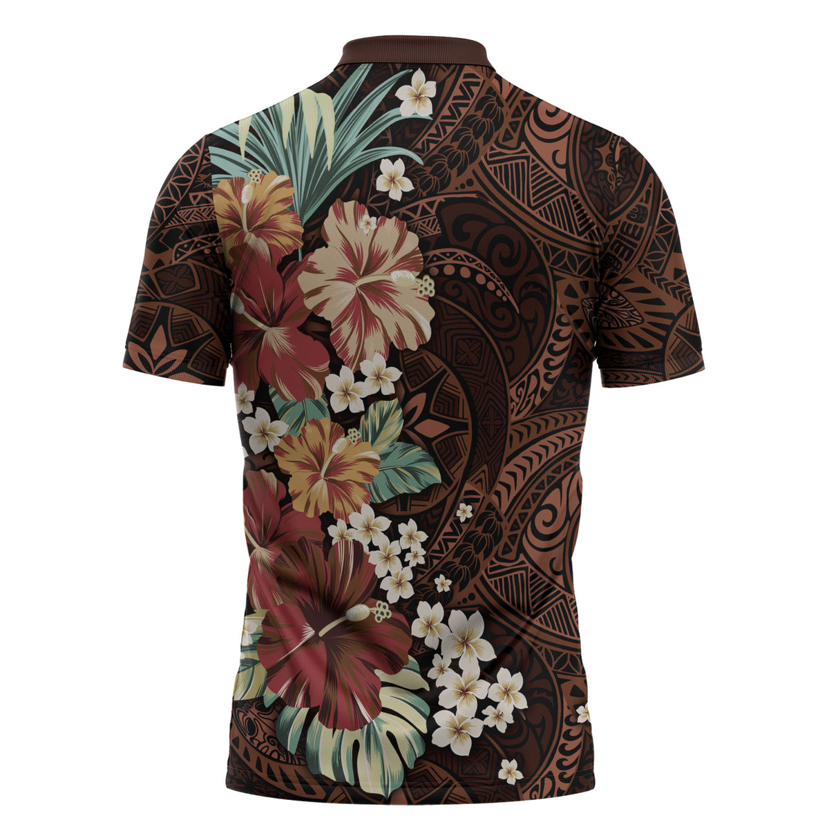 Kanoa Hawai'i Hibiscus Zipper Polo Shirt Polynesian Tribal Tattoo Pattern Floral Elements