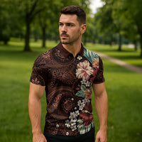 Kanoa Hawai'i Hibiscus Zipper Polo Shirt Polynesian Tribal Tattoo Pattern Floral Elements