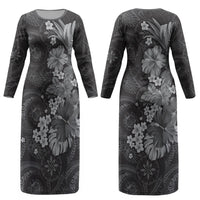 Pauli Hawai'i Hibiscus Couples Matching Long Sleeve Bodycon Dress and Hawaiian Shirt Polynesian Tribal Tattoo Pattern Floral Elements