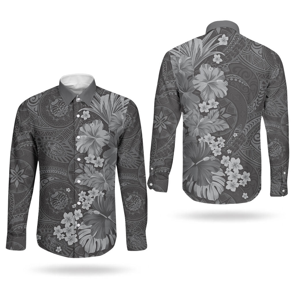 Pauli Hawai'i Hibiscus Couples Matching Long Sleeve Bodycon Dress and Long Sleeve Button Shirt Polynesian Tribal Tattoo Pattern Floral Elements