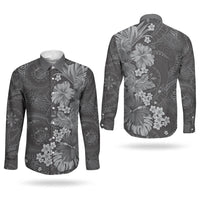 Pauli Hawai'i Hibiscus Couples Matching Long Sleeve Bodycon Dress and Long Sleeve Button Shirt Polynesian Tribal Tattoo Pattern Floral Elements