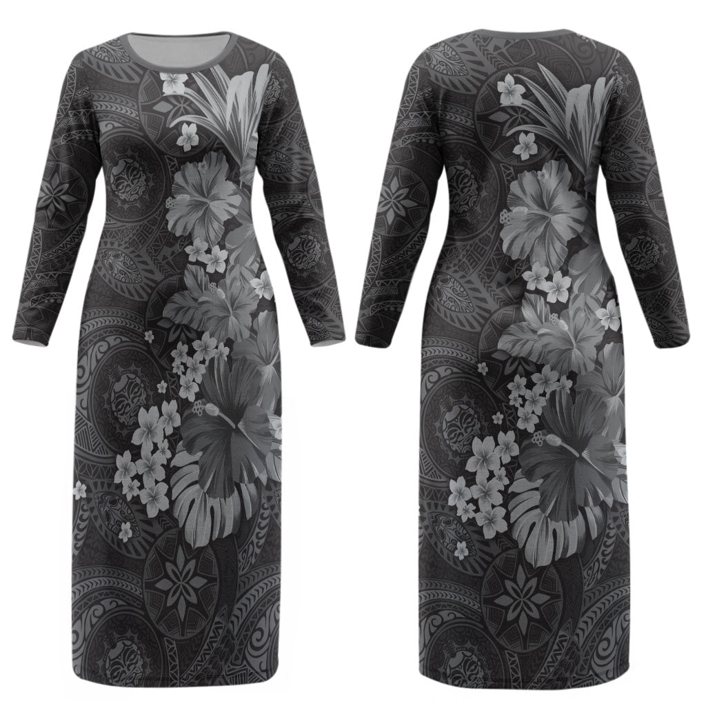 Pauli Hawai'i Hibiscus Couples Matching Long Sleeve Bodycon Dress and Long Sleeve Button Shirt Polynesian Tribal Tattoo Pattern Floral Elements