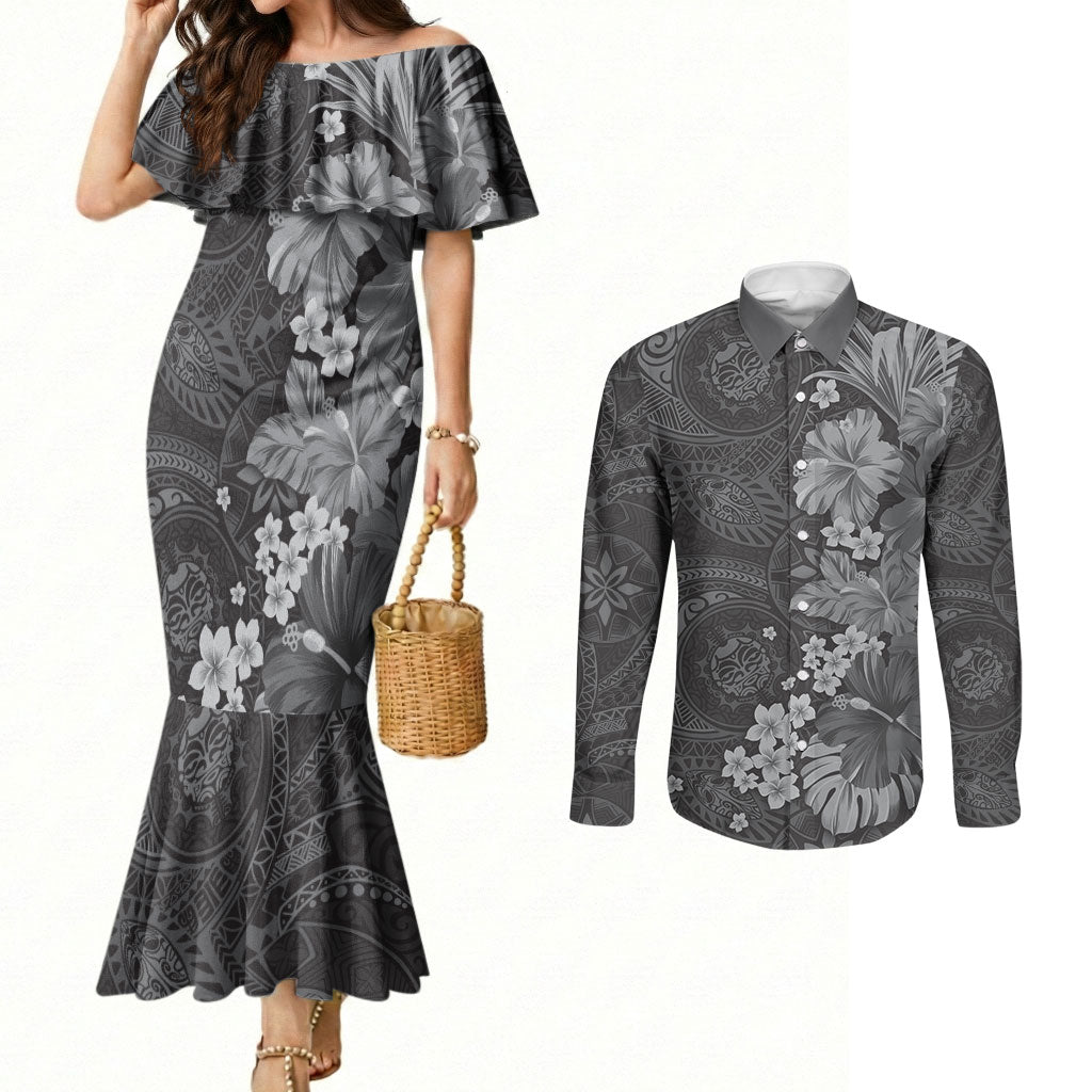 Pauli Hawai'i Hibiscus Couples Matching Mermaid Dress and Long Sleeve Button Shirt Polynesian Tribal Tattoo Pattern Floral Elements
