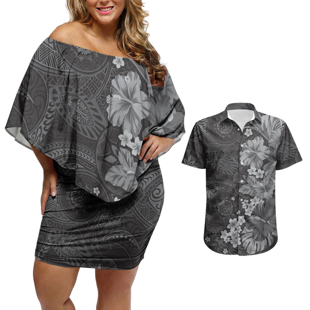 Pauli Hawai'i Hibiscus Couples Matching Off Shoulder Short Dress and Hawaiian Shirt Polynesian Tribal Tattoo Pattern Floral Elements