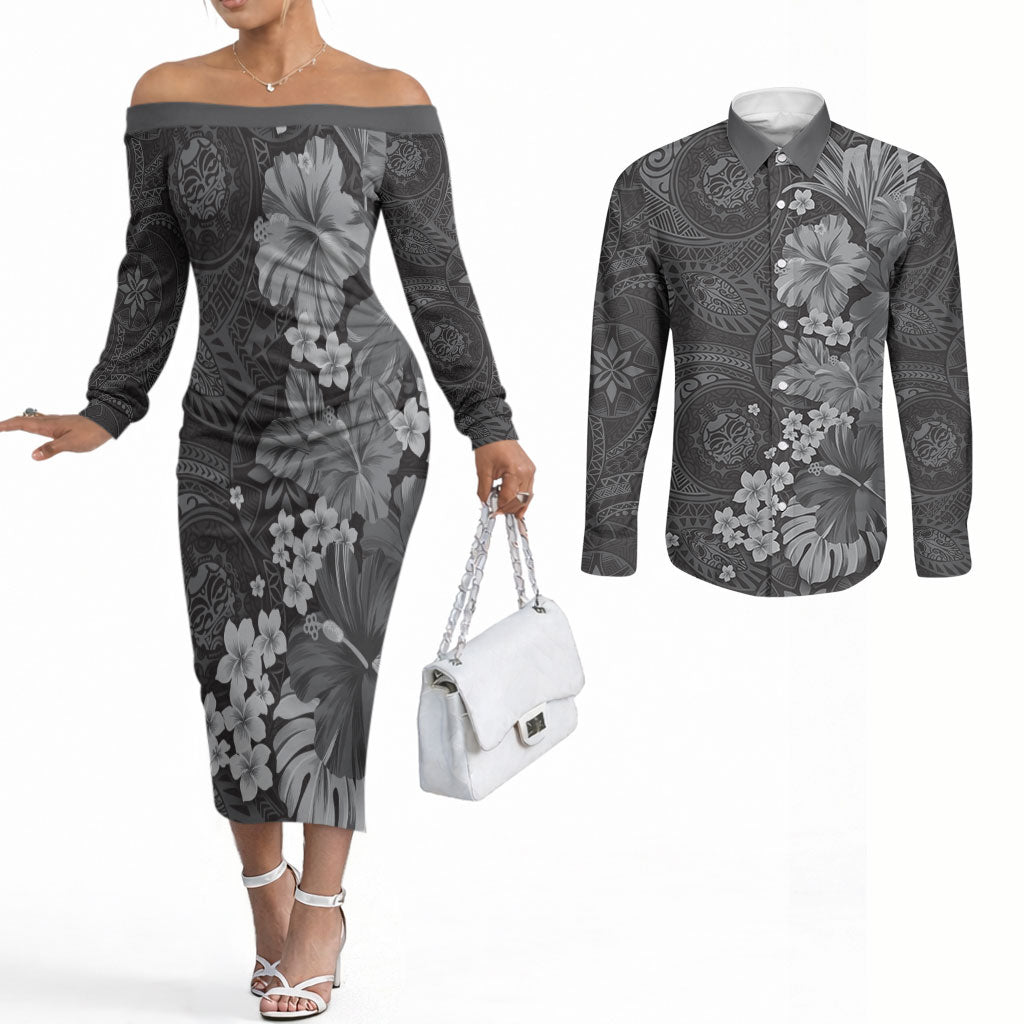 Pauli Hawai'i Hibiscus Couples Matching Off The Shoulder Long Sleeve Dress and Long Sleeve Button Shirt Polynesian Tribal Tattoo Pattern Floral Elements
