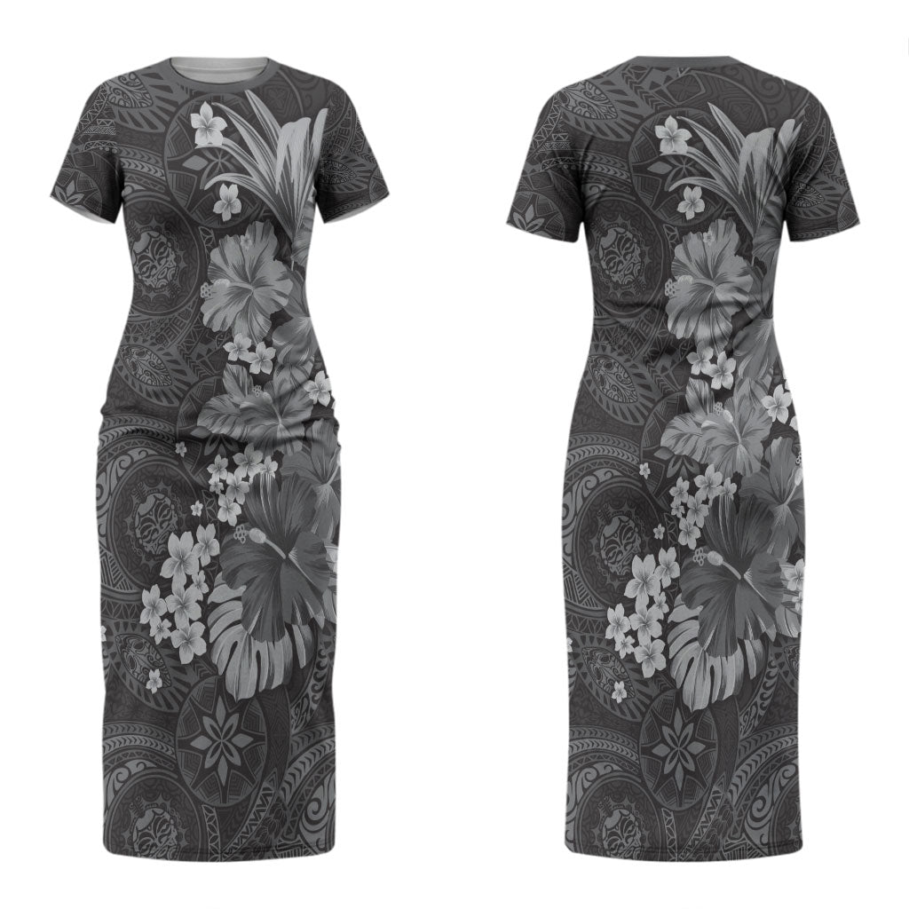 Pauli Hawai'i Hibiscus Couples Matching Short Sleeve Bodycon Dress and Long Sleeve Button Shirt Polynesian Tribal Tattoo Pattern Floral Elements
