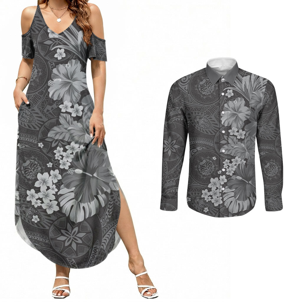 Pauli Hawai'i Hibiscus Couples Matching Summer Maxi Dress and Long Sleeve Button Shirt Polynesian Tribal Tattoo Pattern Floral Elements