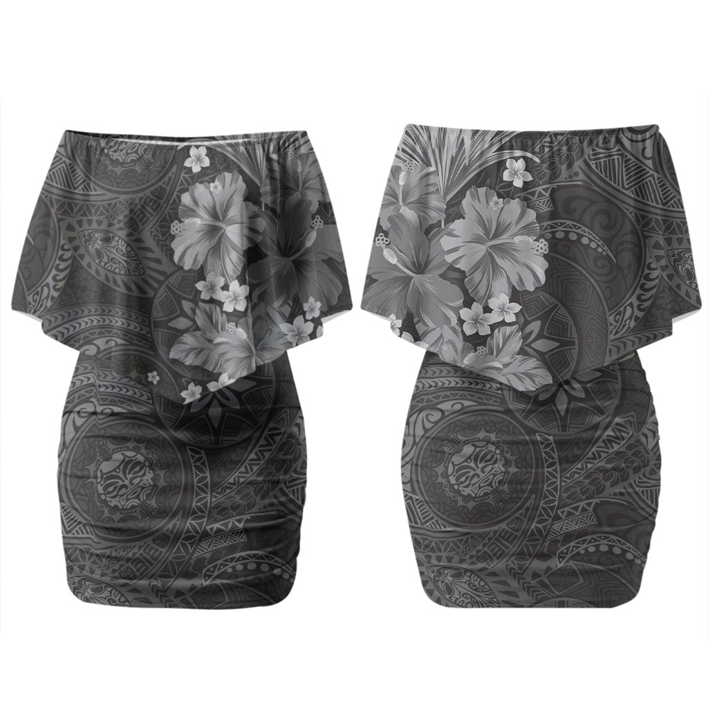 Pauli Hawai'i Hibiscus Family Matching Off Shoulder Short Dress and Hawaiian Shirt Polynesian Tribal Tattoo Pattern Floral Elements