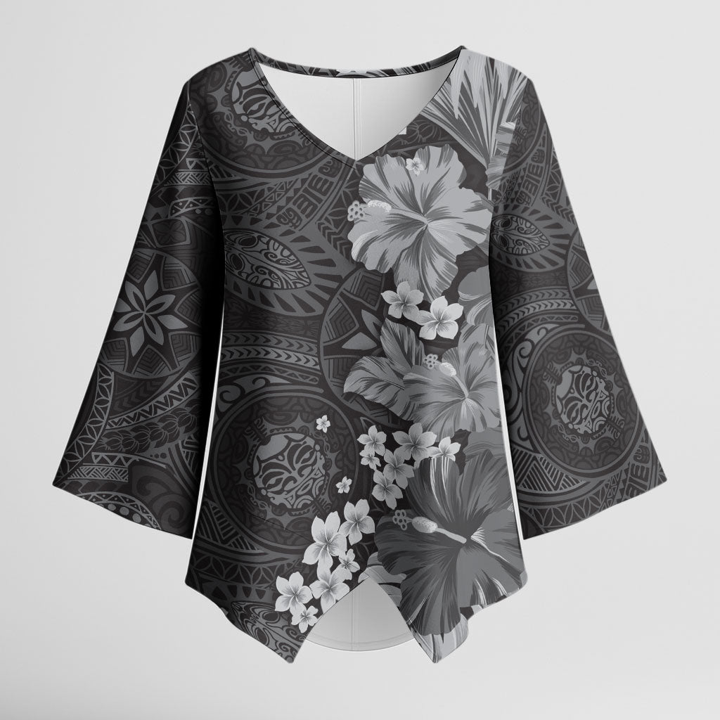 Pauli Hawai'i Hibiscus Kimono Sleeve Blouse Polynesian Tribal Tattoo Pattern Floral Elements