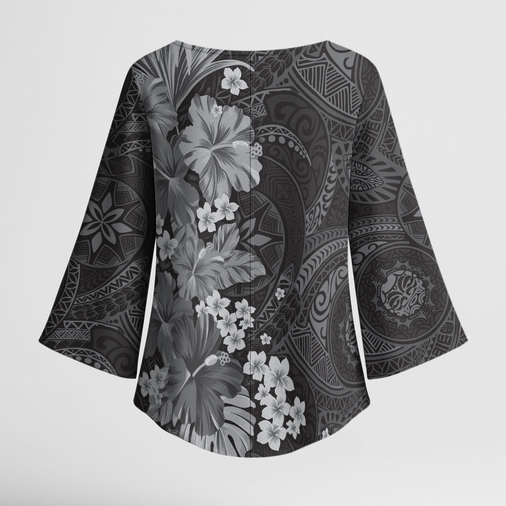 Pauli Hawai'i Hibiscus Kimono Sleeve Blouse Polynesian Tribal Tattoo Pattern Floral Elements
