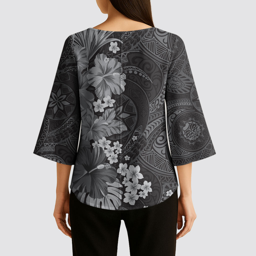 Pauli Hawai'i Hibiscus Kimono Sleeve Blouse Polynesian Tribal Tattoo Pattern Floral Elements