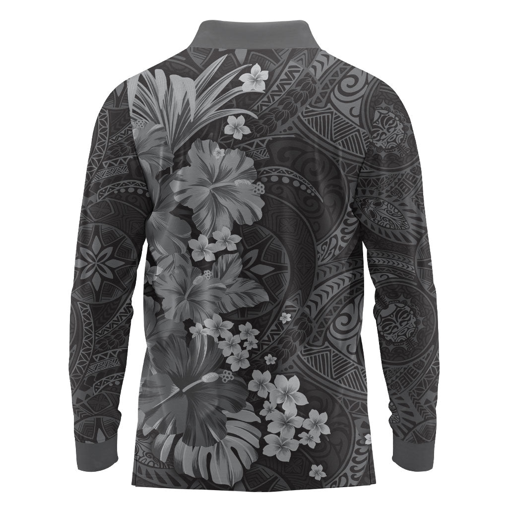 Pauli Hawai'i Hibiscus Long Sleeve Polo Shirt Polynesian Tribal Tattoo Pattern Floral Elements