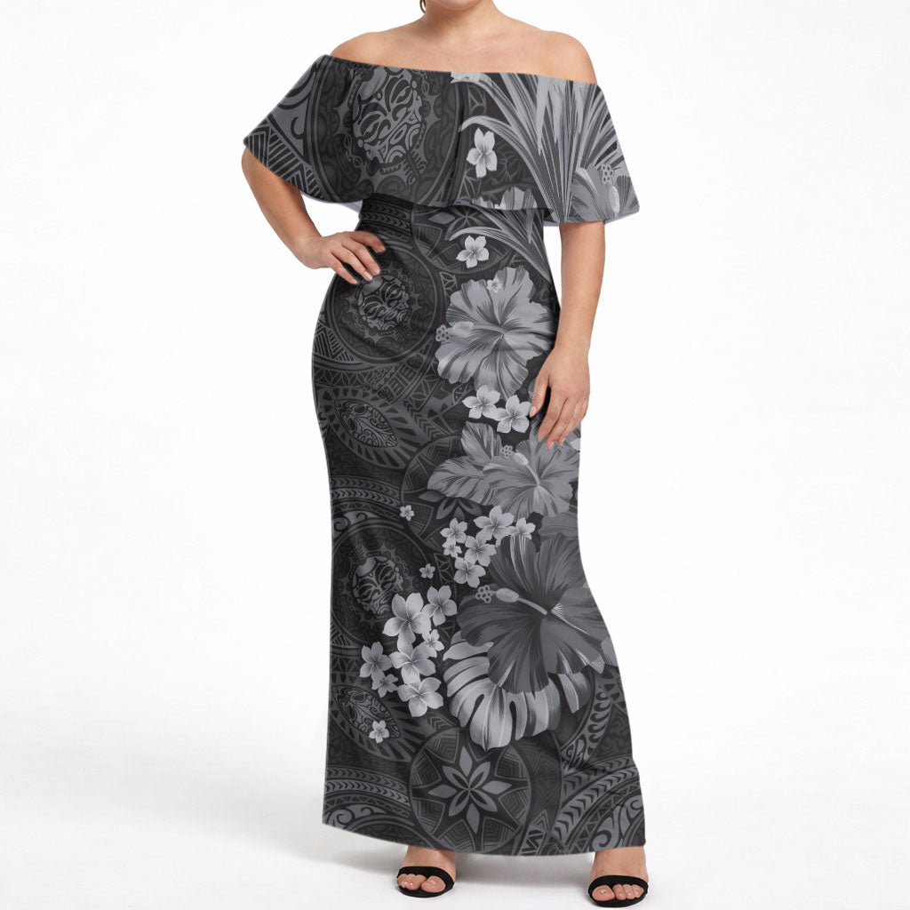 Pauli Hawai'i Hibiscus Off Shoulder Maxi Dress Polynesian Tribal Tattoo Pattern Floral Elements