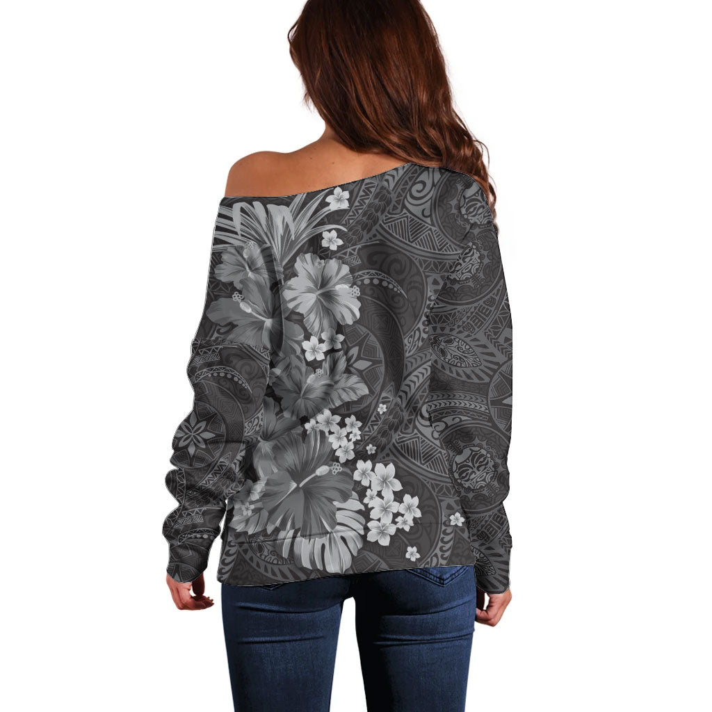 Pauli Hawai'i Hibiscus Off Shoulder Sweater Polynesian Tribal Tattoo Pattern Floral Elements