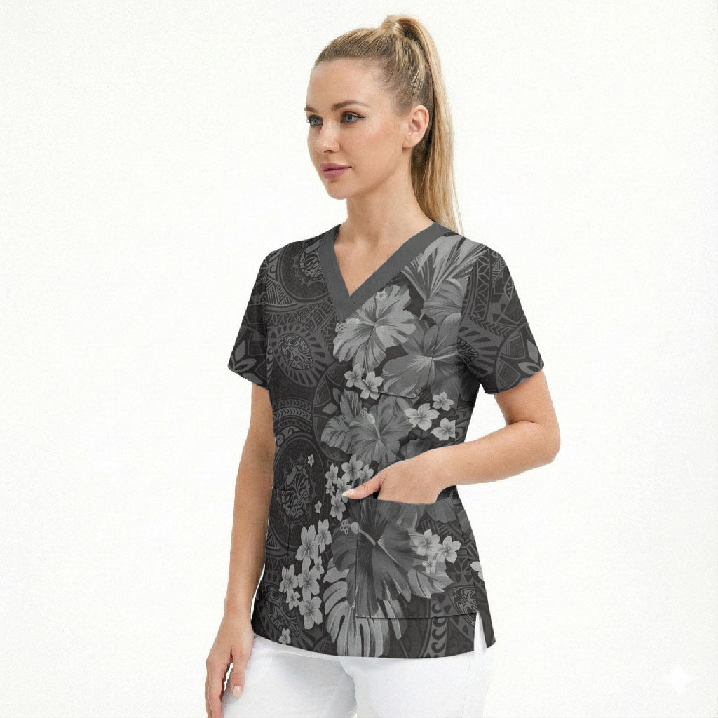 Pauli Hawai'i Hibiscus Scrub Top Polynesian Tribal Tattoo Pattern Floral Elements
