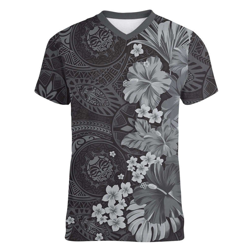 Pauli Hawai'i Hibiscus Women V-Neck T-Shirt Polynesian Tribal Tattoo Pattern Floral Elements