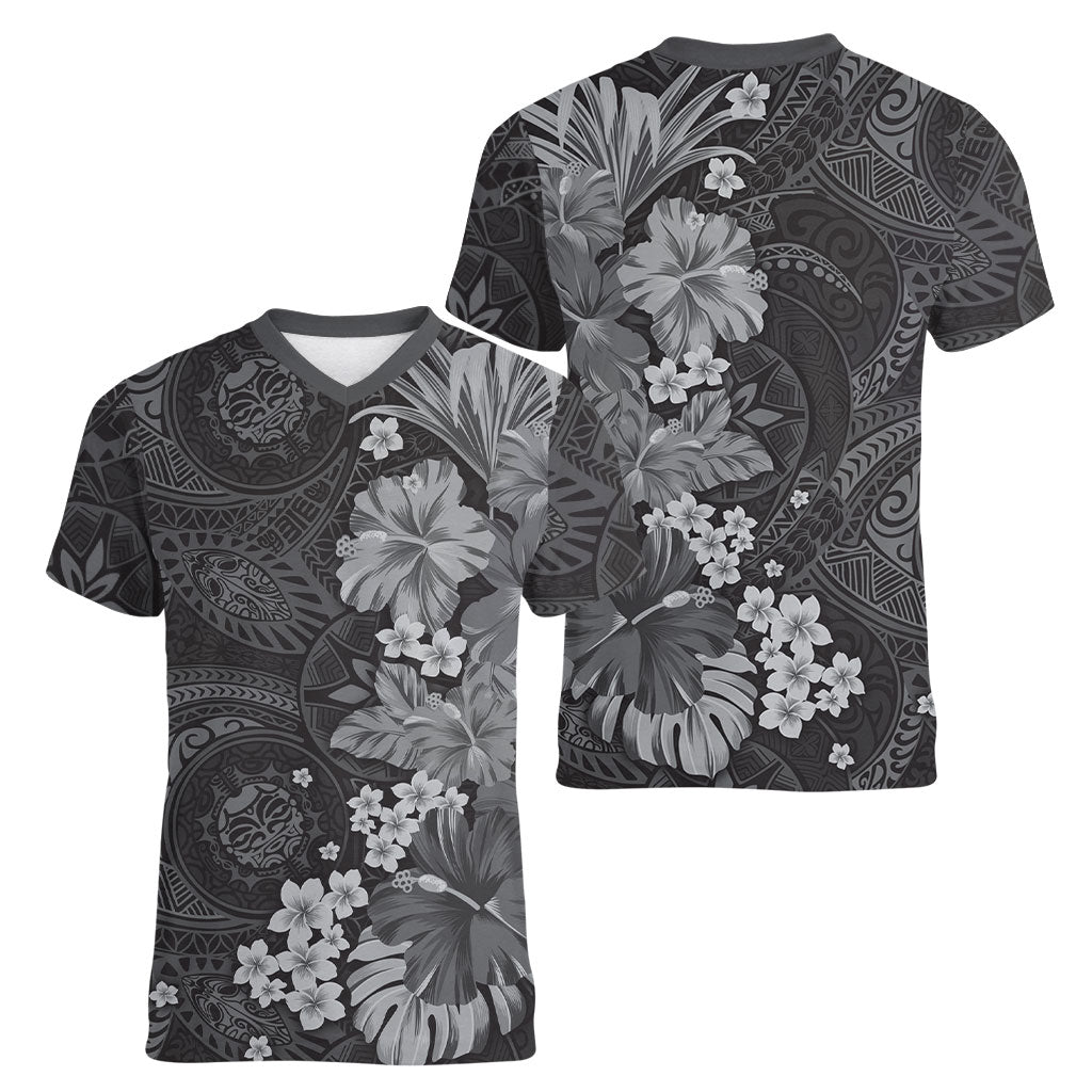 Pauli Hawai'i Hibiscus Women V-Neck T-Shirt Polynesian Tribal Tattoo Pattern Floral Elements