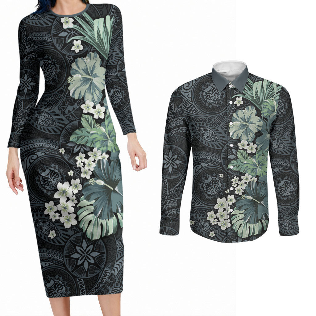 Pauliuli Hawai'i Hibiscus Couples Matching Long Sleeve Bodycon Dress and Long Sleeve Button Shirt Polynesian Tribal Tattoo Pattern Floral Elements