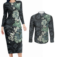 Pauliuli Hawai'i Hibiscus Couples Matching Long Sleeve Bodycon Dress and Long Sleeve Button Shirt Polynesian Tribal Tattoo Pattern Floral Elements