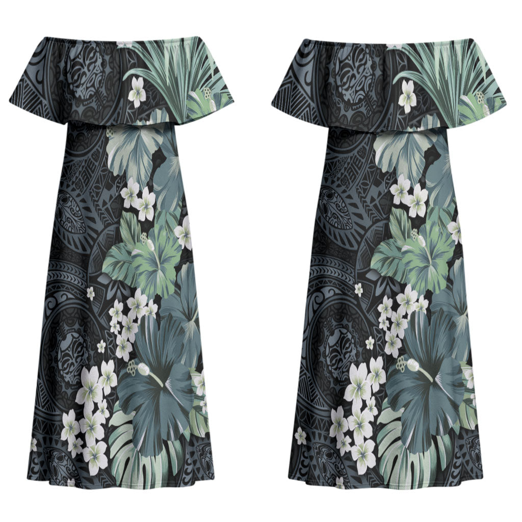Pauliuli Hawai'i Hibiscus Couples Matching Off Shoulder Maxi Dress and Long Sleeve Button Shirt Polynesian Tribal Tattoo Pattern Floral Elements