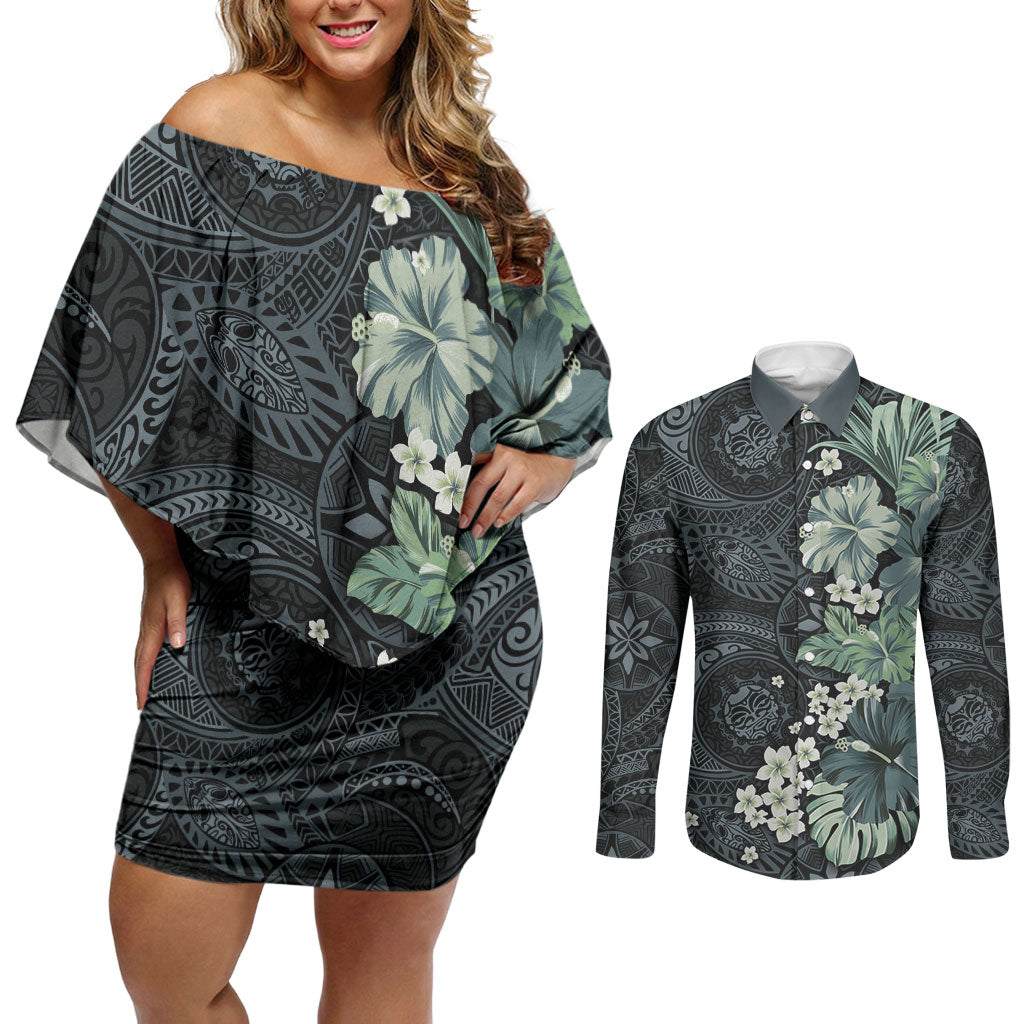 Pauliuli Hawai'i Hibiscus Couples Matching Off Shoulder Short Dress and Long Sleeve Button Shirt Polynesian Tribal Tattoo Pattern Floral Elements