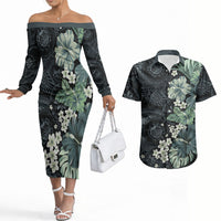 Pauliuli Hawai'i Hibiscus Couples Matching Off The Shoulder Long Sleeve Dress and Hawaiian Shirt Polynesian Tribal Tattoo Pattern Floral Elements