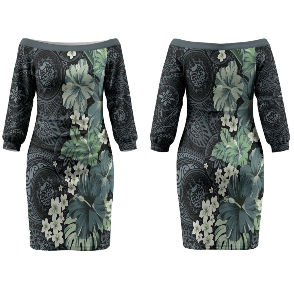 Pauliuli Hawai'i Hibiscus Couples Matching Off The Shoulder Long Sleeve Dress and Hawaiian Shirt Polynesian Tribal Tattoo Pattern Floral Elements