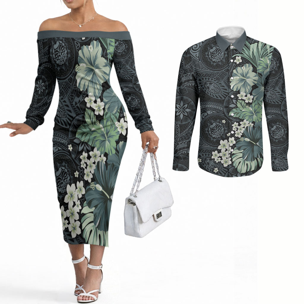 Pauliuli Hawai'i Hibiscus Couples Matching Off The Shoulder Long Sleeve Dress and Long Sleeve Button Shirt Polynesian Tribal Tattoo Pattern Floral Elements