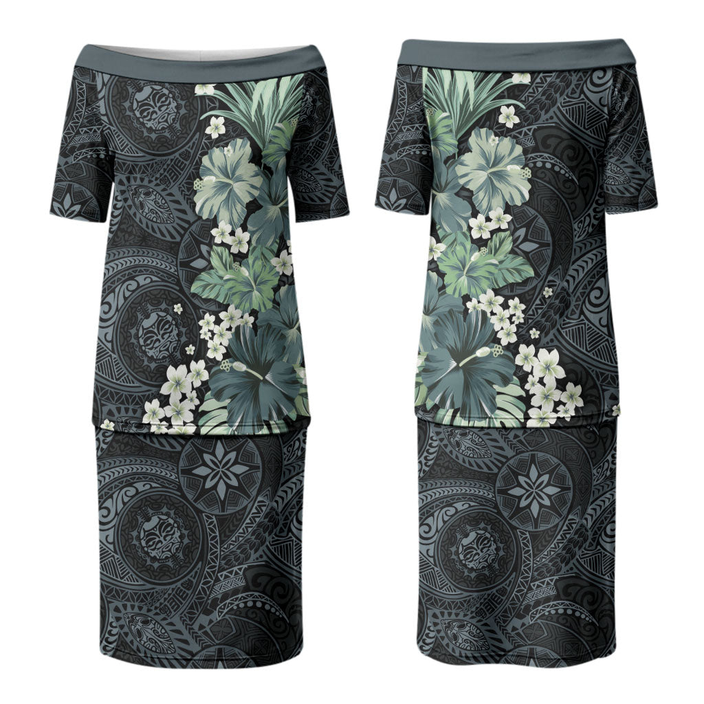 Pauliuli Hawai'i Hibiscus Couples Matching Puletasi and Hawaiian Shirt Polynesian Tribal Tattoo Pattern Floral Elements