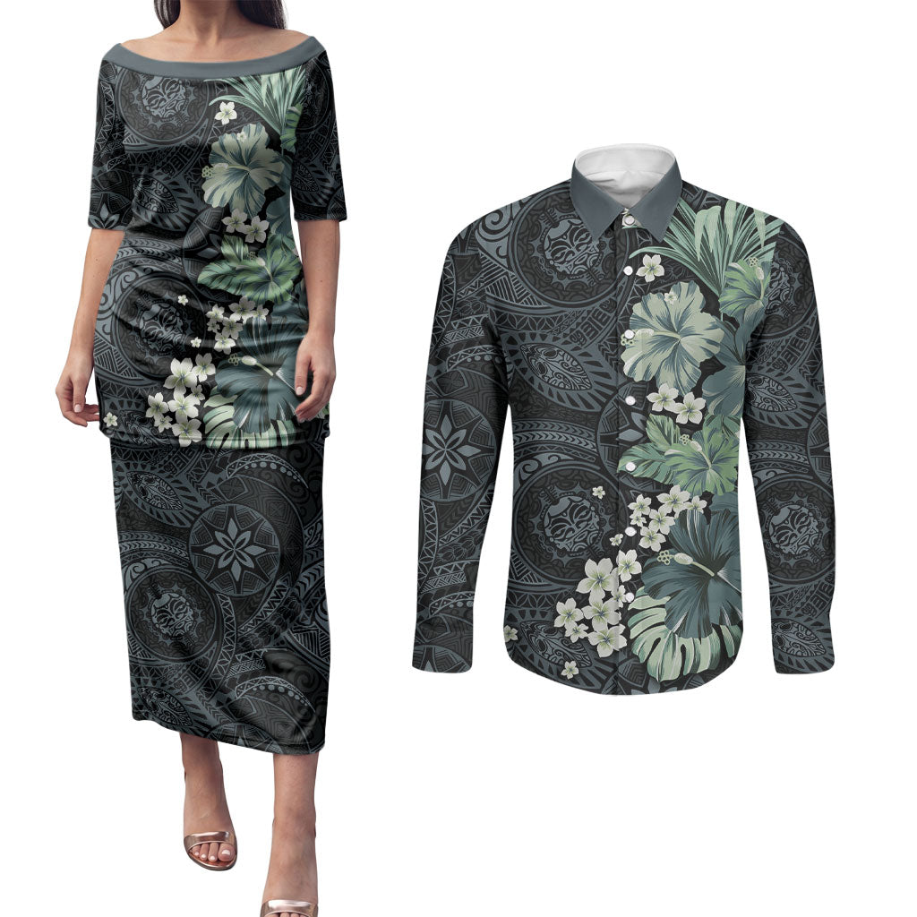 Pauliuli Hawai'i Hibiscus Couples Matching Puletasi and Long Sleeve Button Shirt Polynesian Tribal Tattoo Pattern Floral Elements