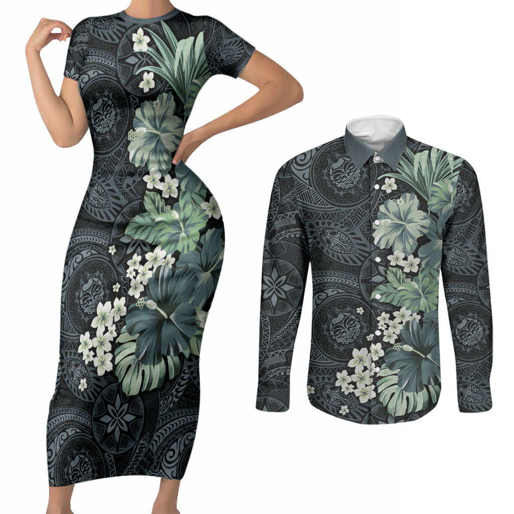 Pauliuli Hawai'i Hibiscus Couples Matching Short Sleeve Bodycon Dress and Long Sleeve Button Shirt Polynesian Tribal Tattoo Pattern Floral Elements