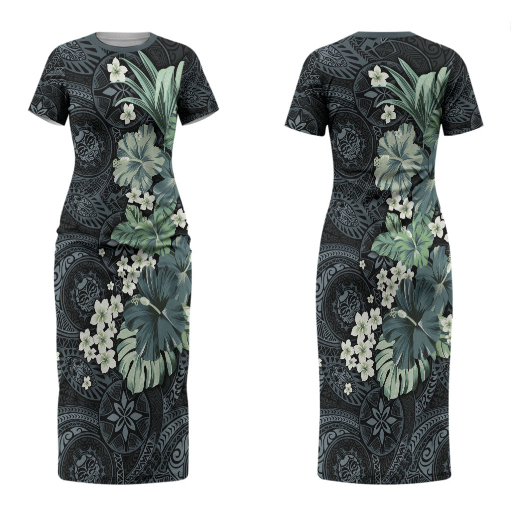 Pauliuli Hawai'i Hibiscus Couples Matching Short Sleeve Bodycon Dress and Long Sleeve Button Shirt Polynesian Tribal Tattoo Pattern Floral Elements