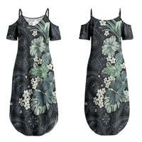 Pauliuli Hawai'i Hibiscus Couples Matching Summer Maxi Dress and Long Sleeve Button Shirt Polynesian Tribal Tattoo Pattern Floral Elements