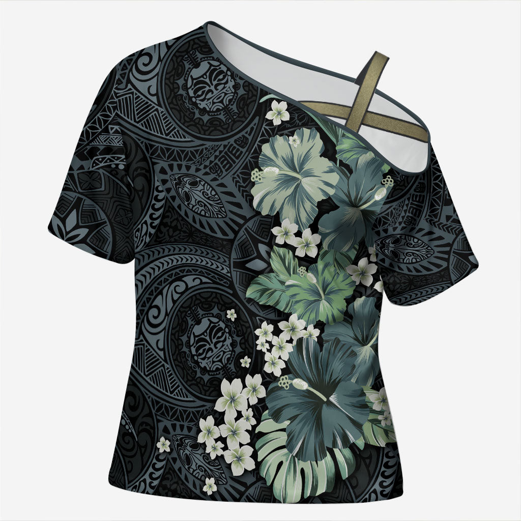 Pauliuli Hawai'i Hibiscus Cross Shoulder Shirt Polynesian Tribal Tattoo Pattern Floral Elements