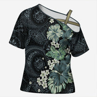 Pauliuli Hawai'i Hibiscus Cross Shoulder Shirt Polynesian Tribal Tattoo Pattern Floral Elements