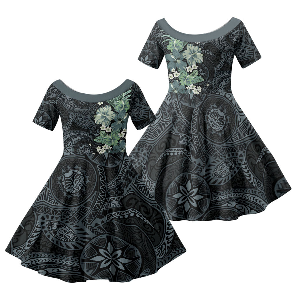 Pauliuli Hawai'i Hibiscus Family Matching Mermaid Dress and Hawaiian Shirt Polynesian Tribal Tattoo Pattern Floral Elements