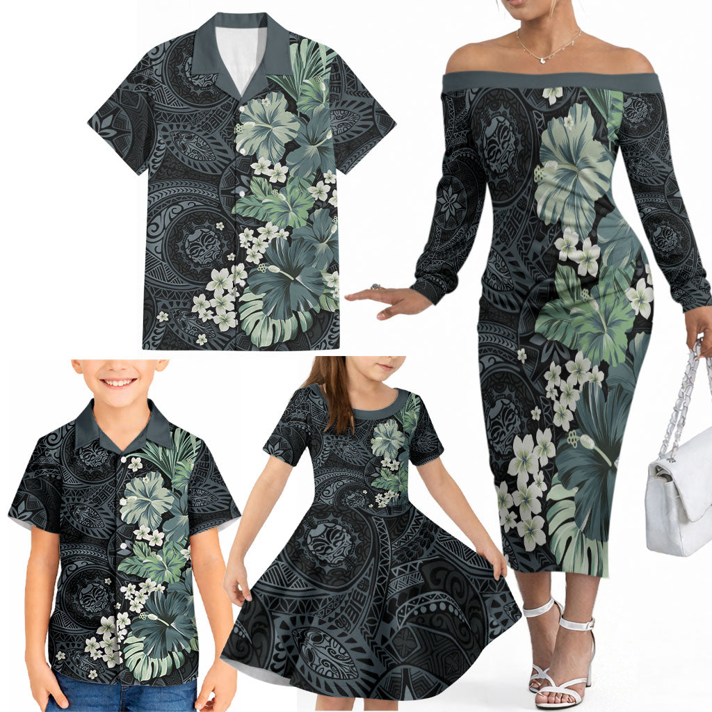 Pauliuli Hawai'i Hibiscus Family Matching Off The Shoulder Long Sleeve Dress and Hawaiian Shirt Polynesian Tribal Tattoo Pattern Floral Elements