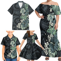 Pauliuli Hawai'i Hibiscus Family Matching Off Shoulder Maxi Dress and Hawaiian Shirt Polynesian Tribal Tattoo Pattern Floral Elements